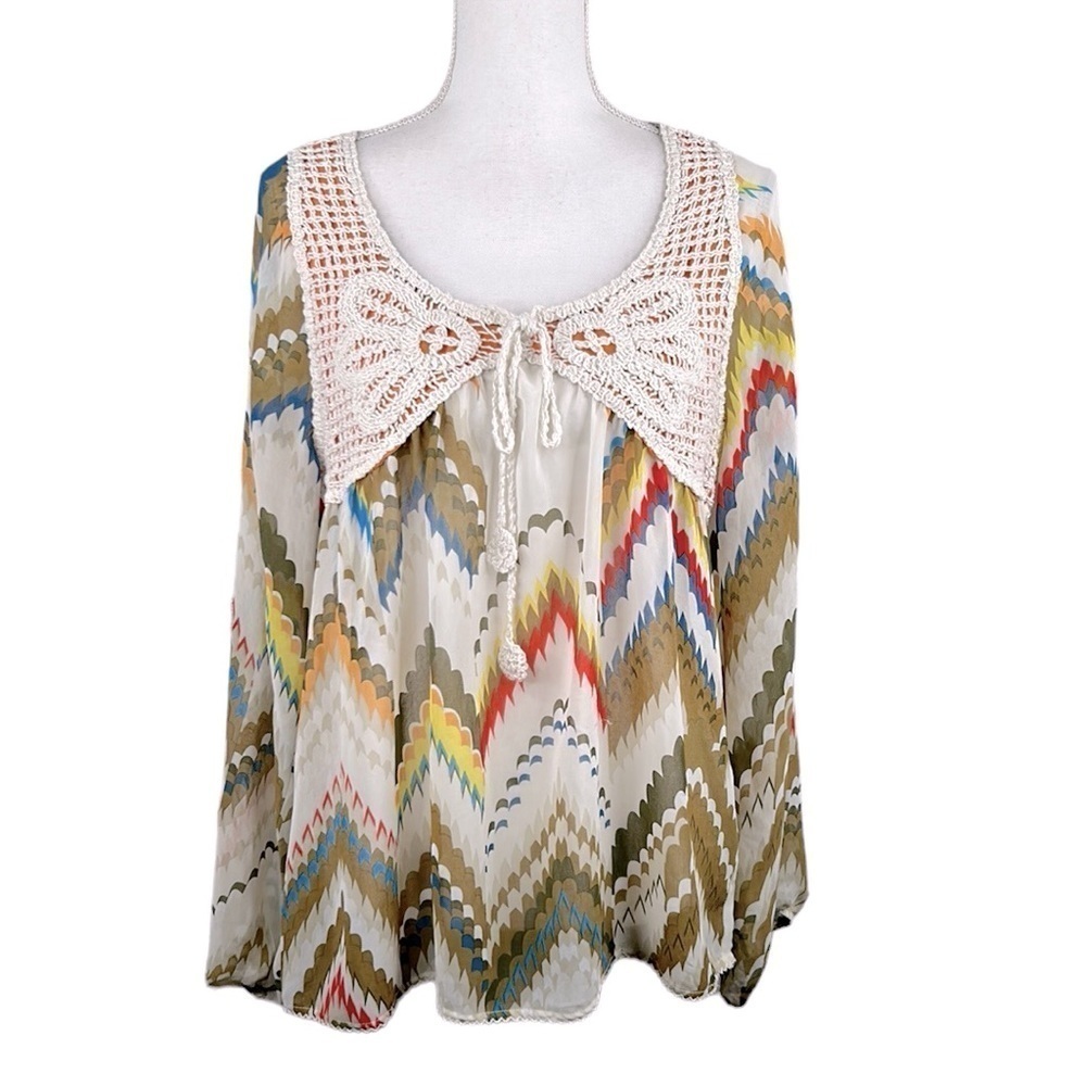 Umgee Boho Sheer Embroidered Ballon Long Sleeve Top Size Large